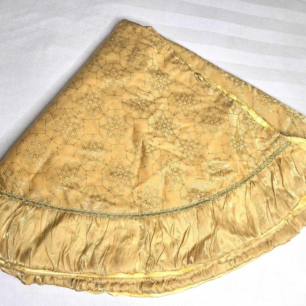 Gold Satin Christmas Tree Skirt 52" Diameter Round, Ruffled Edge Glitter Star